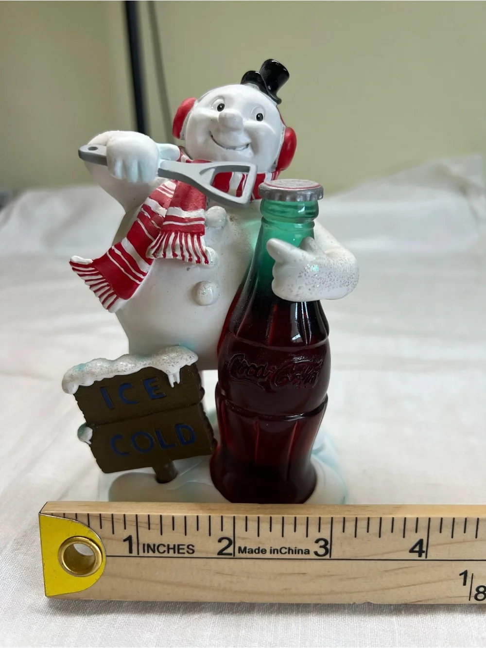 Coca-Cola Ice Cold Snowman Figurine with Coke Bottle Soda Advertising Decor 6”